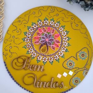 Mandala Amarela Decorativa “Bem Vindo” — MDF, Quilling, Espelhos e Pontilhismo (25cm)
