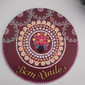 Mandala Decorativa Bordô “Bem Vindo” — MDF, Quilling e Pontilhismo (25cm)